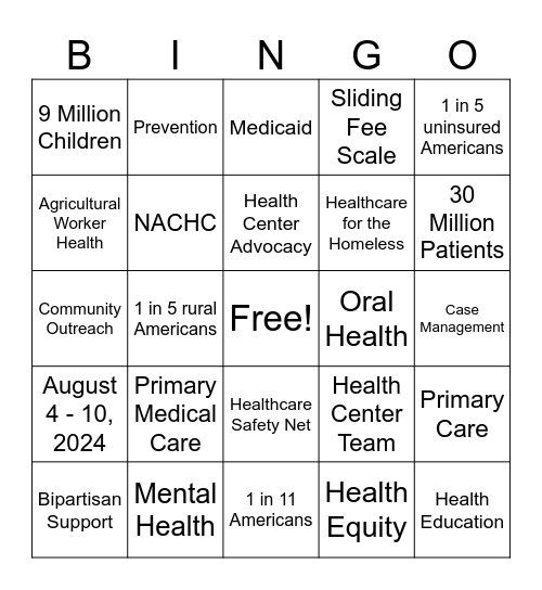 National Health Center Week Bingo Card