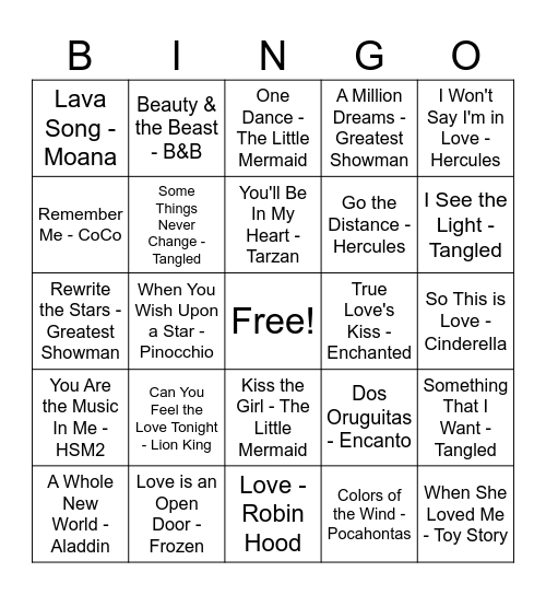 Disney Music BINGO Card