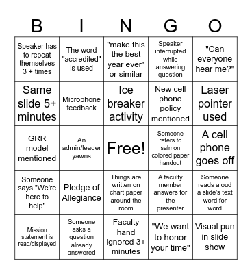 FACULTY MEETING BINGO Card