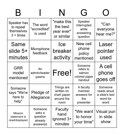 FACULTY MEETING BINGO Card