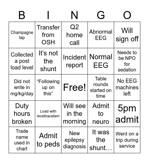 Child neuro Bingo Card