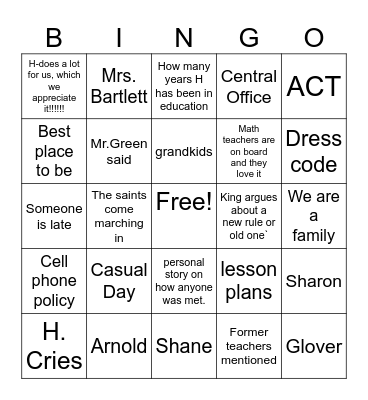 Back To School Bingo Card