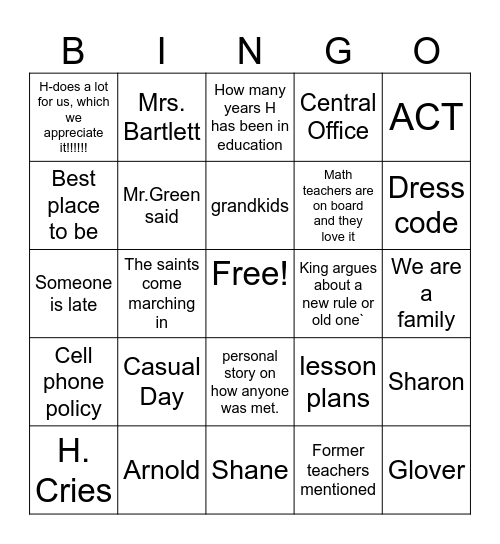 Back To School Bingo Card