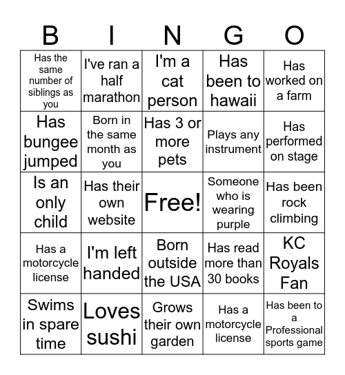 Human Bingo Card