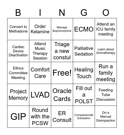 SMHLJ Palliative Care Bingo Card