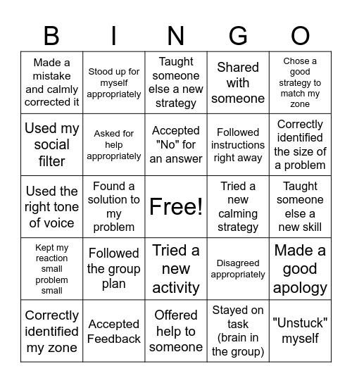 Flexible Thinking Bingo Card