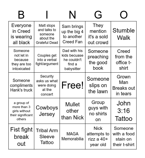 Creed - Pine Knob - 7/31/24 Bingo Card