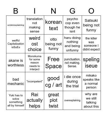 Danganronpa Another Trial Bingo Card