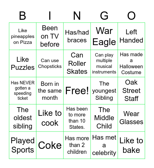 Oak Street Networking Bingo Card