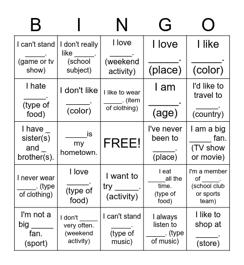 What do we have in common? Bingo Card