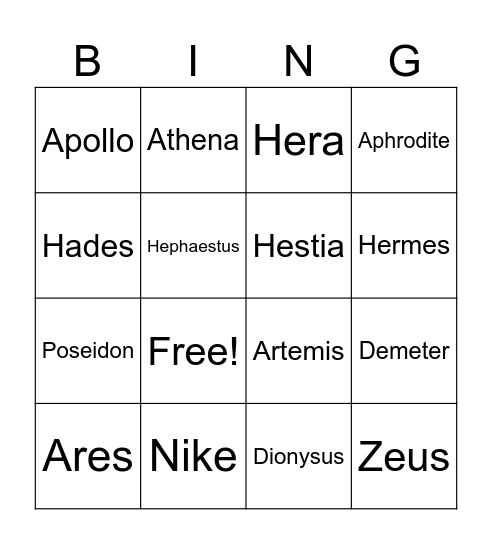 Greek Mythology Bingo Card