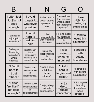 Attachment Styles Bingo Card