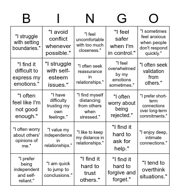 Attachment Styles Bingo Card