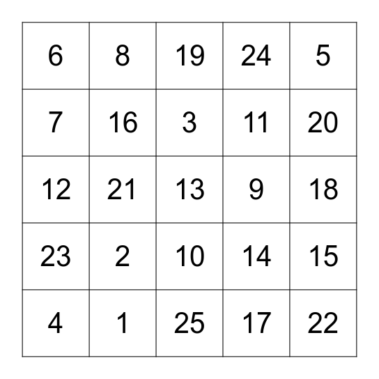 I know my numbers Bingo Card