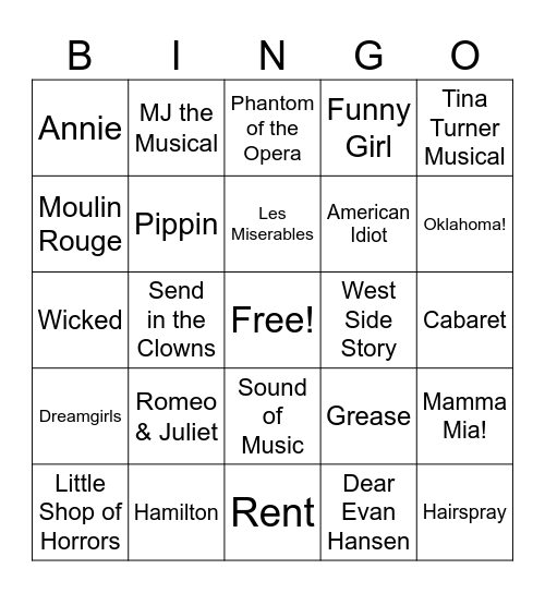 Show Tunes! Bingo! Bingo Card