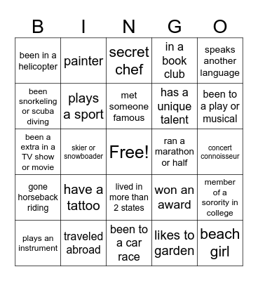 Get to know you Bingo Card
