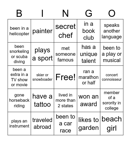 Get to know you Bingo Card