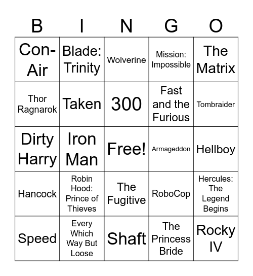 ACTION MOVIES Bingo Card