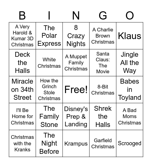 HOLIDAY MOVIES/SPECIALS Bingo Card