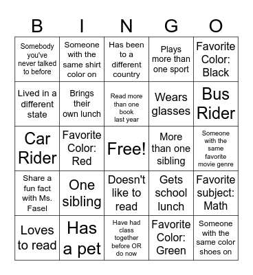 CLASSMATE BINGO Card