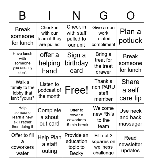 PEDS ARU BINGO Card