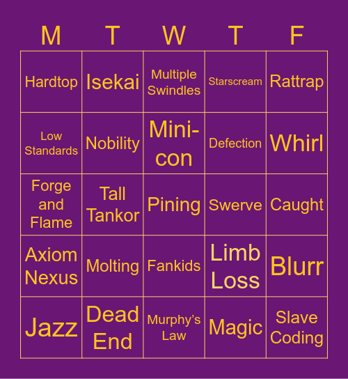 Swindle Bingo Card