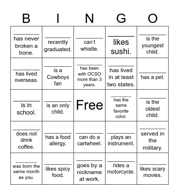 Friends and Family Day Bingo Card