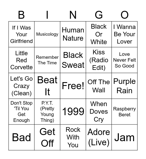 MJ VS PRINCE Bingo Card