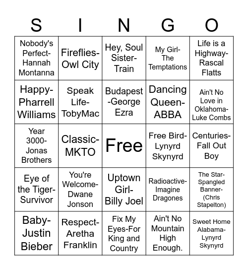 Singo Night Bingo Card