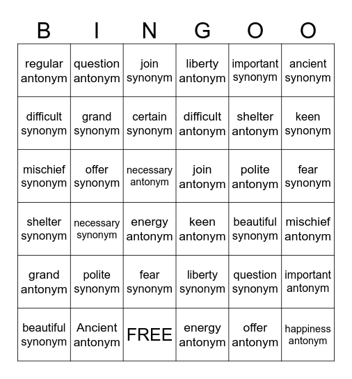 SYNONYMS and ANTONYMS Bingo Card