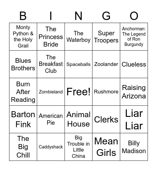 CULT CLASSIC COMEDIES Bingo Card