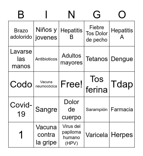 Bingo de Inmunización Bingo Card