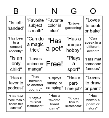 Getting to know you BINGO Card