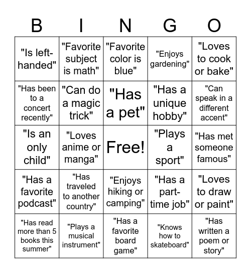 Getting to know you BINGO Card