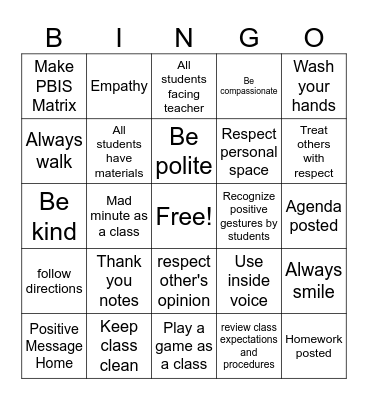 PBIS Bingo Card