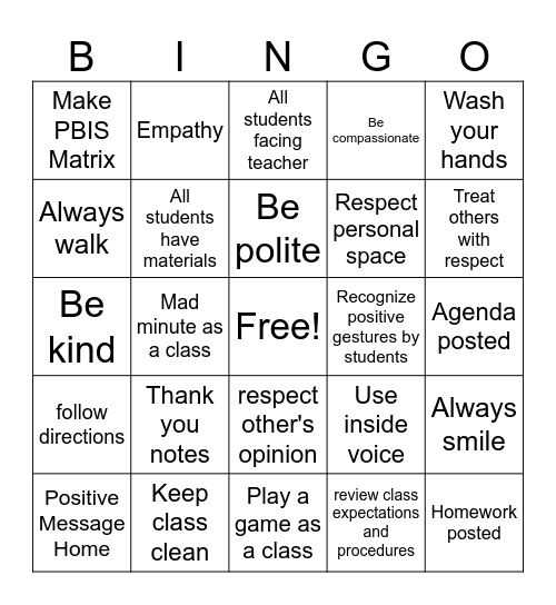 PBIS Bingo Card