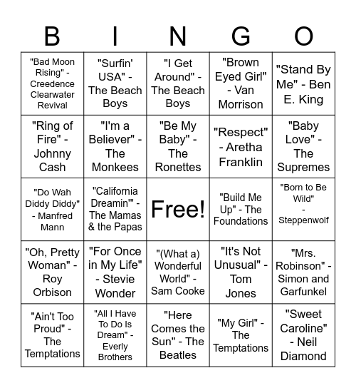 60s Music Bingo Card