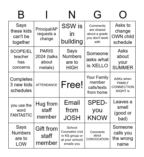 1st DAY of FUN Bingo Card