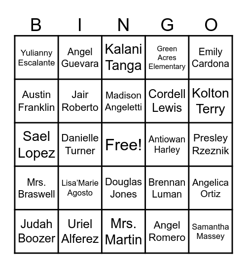 3rd Grade Class Bingo Card