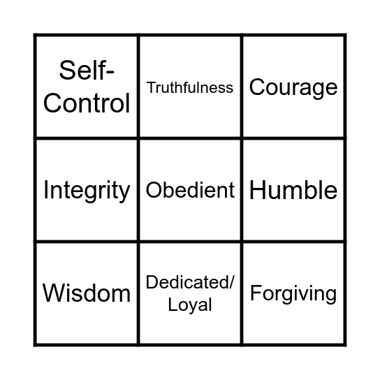 Bible Characteristics Bingo Card