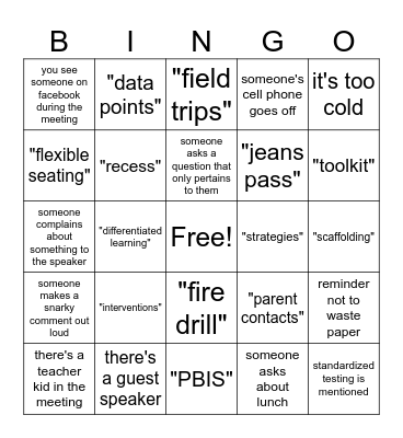 Back to School Staff Mtg BINGO Card