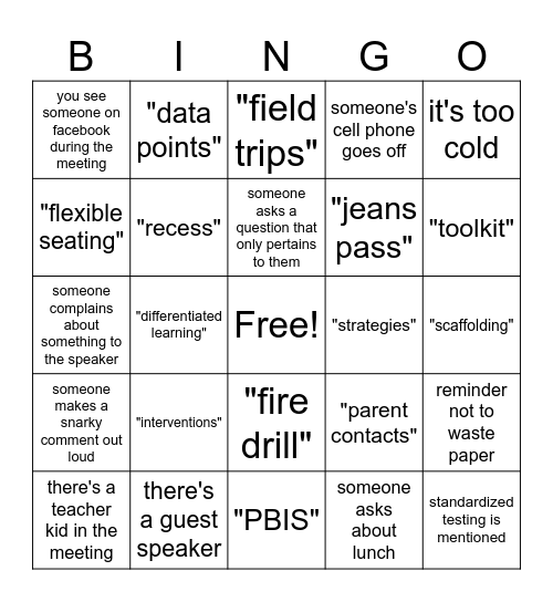 Back to School Staff Mtg BINGO Card