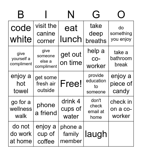 Olympic Self Care Bingo Card