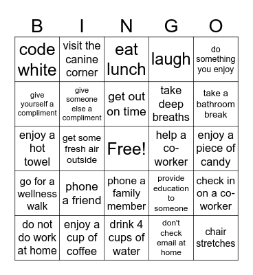 Olympic Self Care Bingo Card