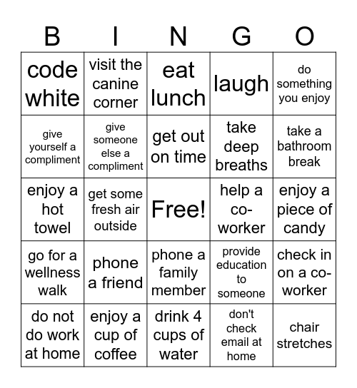 Olympic Self Care Bingo Card