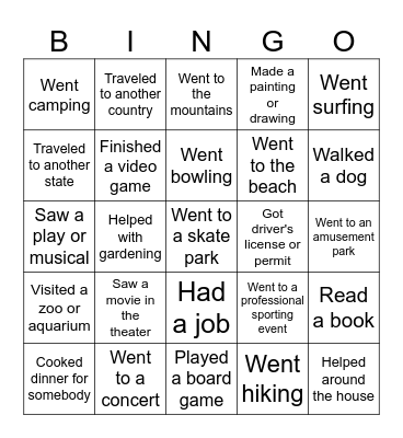 Summer Break Bingo Card