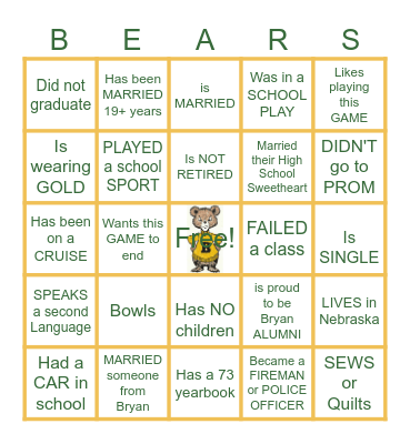 55th Reunion ~ 1973 BRYAN Bingo Card