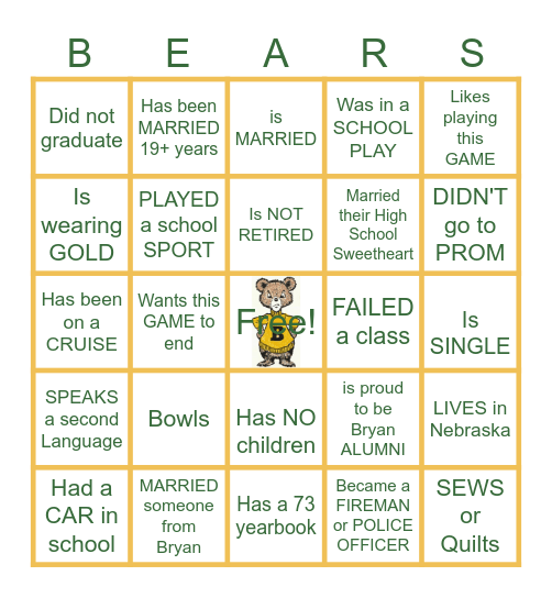 55th Reunion ~ 1973 BRYAN Bingo Card