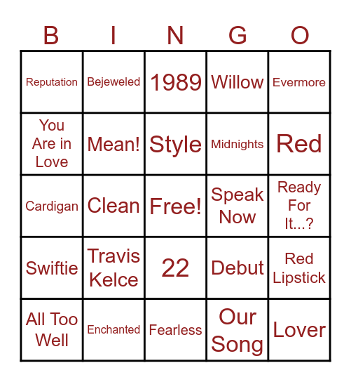 Swiftie Bingo Card