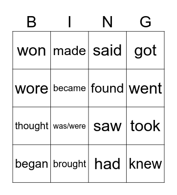 Irregular verbs Bingo Card